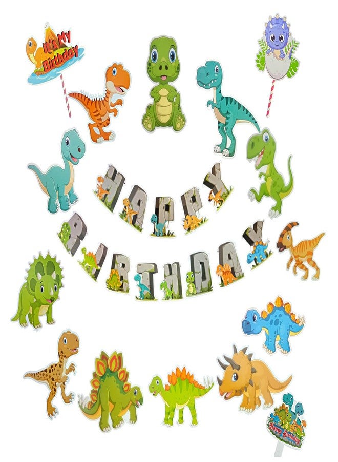 FI - FLICK IN 22 pcs Happy Birthday Dinosaur Theme Decoration Set Dino Figure Cutouts Props Cake Topper Jungle Safari Party, Jurassic Theme Dinosaur Party Decorations Supplies (Pack of 22, Multicolor) - Image 1